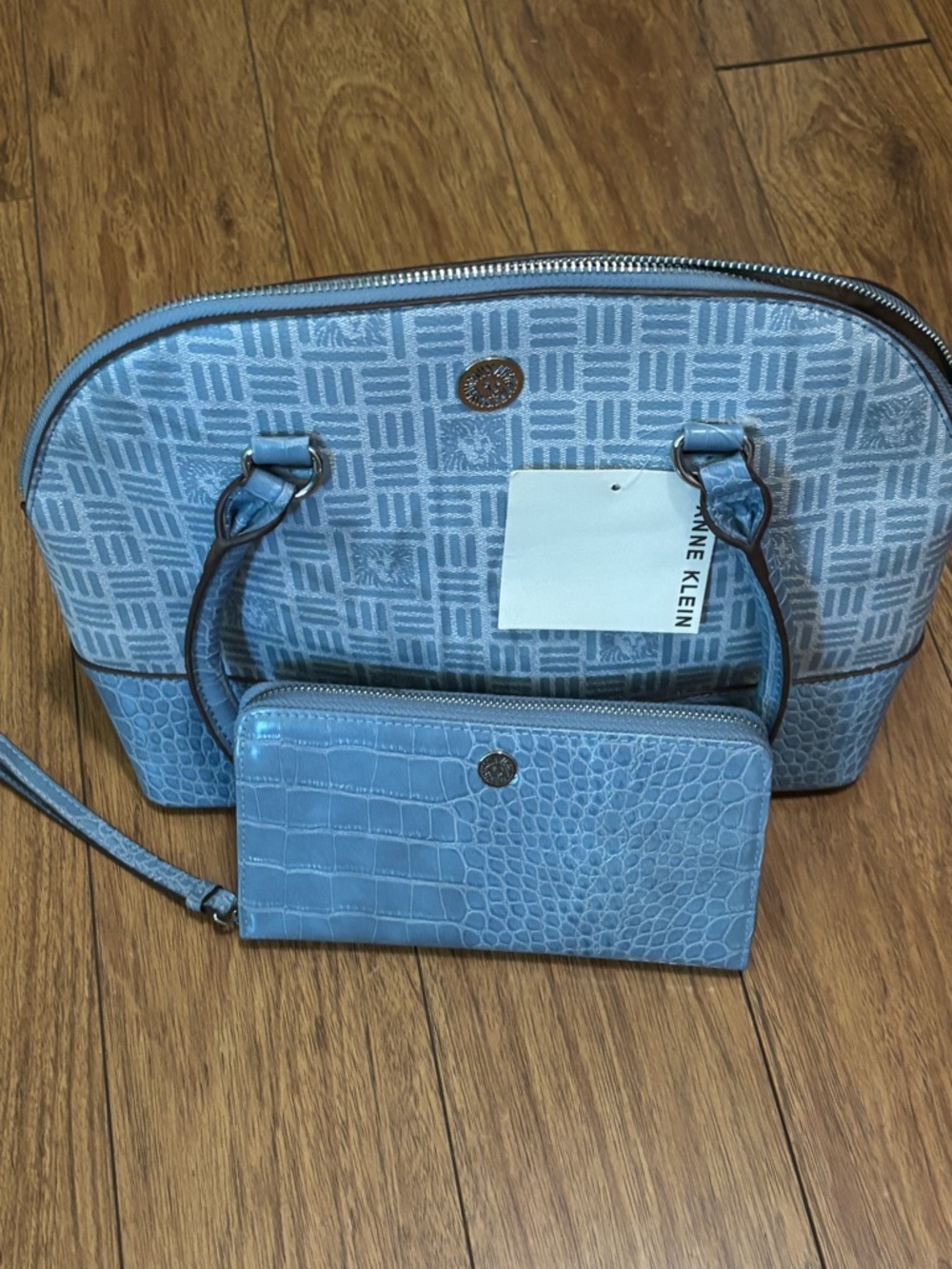 NWT Anne Klein Light Blue Logo Dome Satchel with Matching Wallet